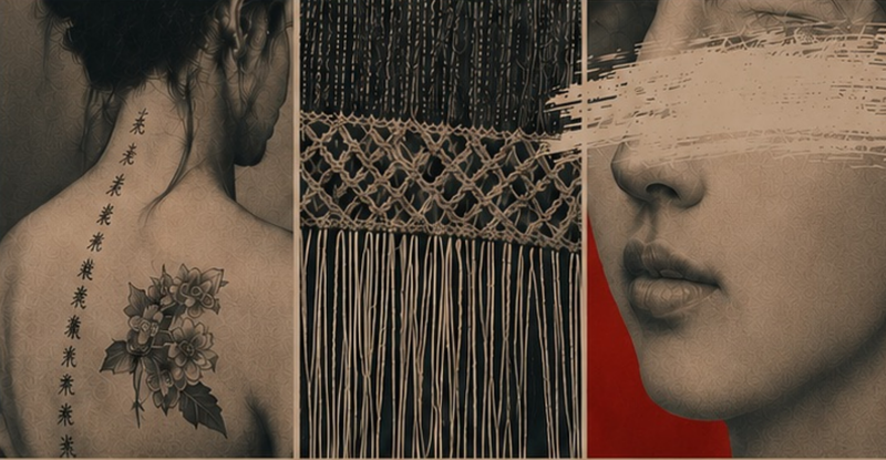 a black white and red image of a woman with a tattoo on her back, a woven cloth, and a woman's face with the eyes erased